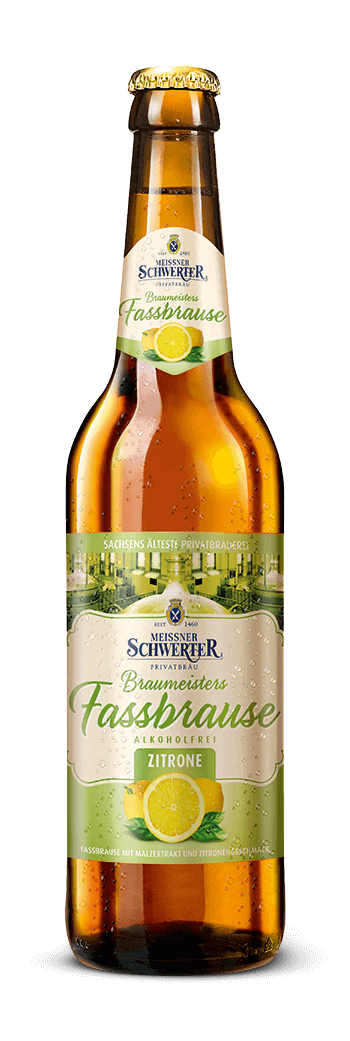 Produktfotografie von der Flasche Braumeisters Fassbrause Zitrone der Privatbrauerei Schwerter in Meißen, alkoholfrei