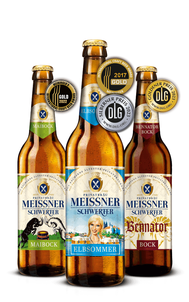Saisonale Biere: Maibock (Craft Beer Award Gold 2017), Elbsommer (Craft Beer Award Gold 2017, DLG Silbener Preis 2023) und Bennator Bock (DLG Goldener Preis 2023)